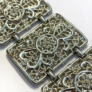 Vintage 1970's bracelet wide silvertone filigree panels mod chunky chain link